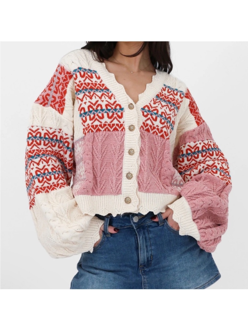 POL Chunky Knit Cardigan Sweater Grey Bandit Maisie Patchwork Ivory Pink cottage